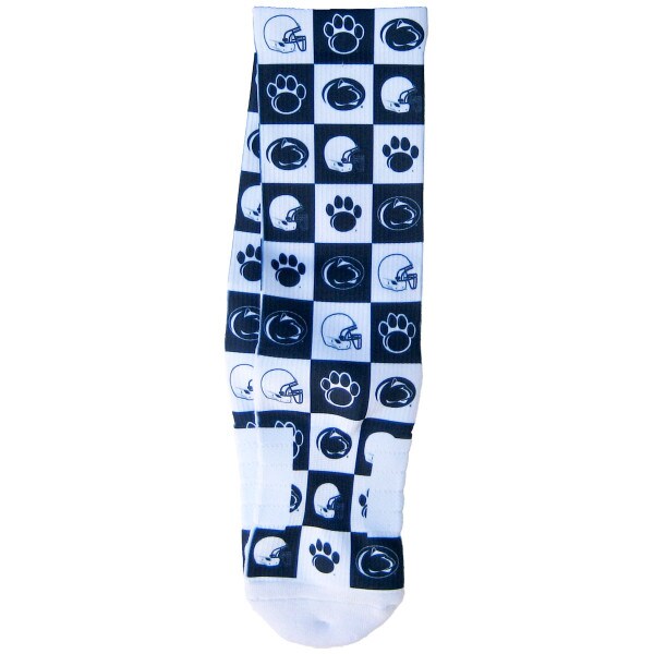 white socks with 70s style bedding with alternating squares with football helmet, Penn State Athletic Logo, and paw print